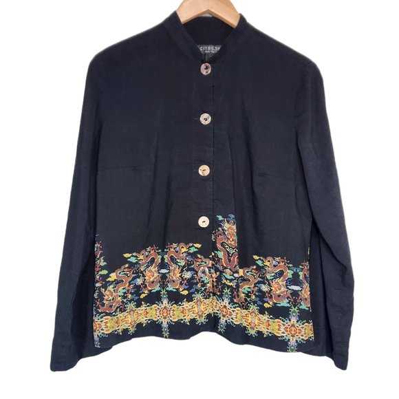 Citron Dragon Silk Linen Tunic Blouse - Picture 2 of 9